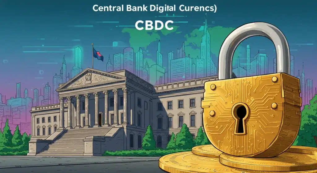 img Central bank digital currencies with a picture of a lock in front of the bank